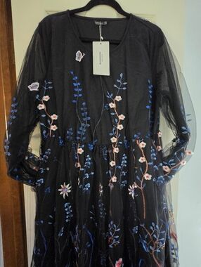 BloomChic Black Sheer Long-Sleeve Dress with Blue & White Floral Embroidery